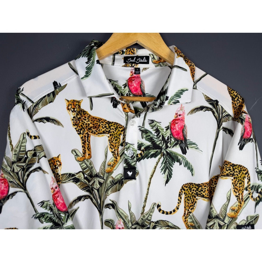 Bad Birdie Mens Large Golf Polo Shirt White Tropical Leopard Parrot Jungle Print